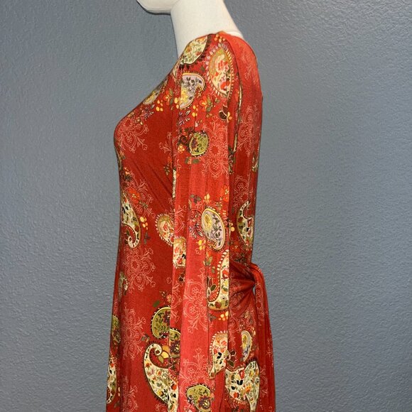 JOHNNY WAS PAISLEY PRINT DRESS STRETCH KNIT PULL OVER LONG SLEEVES SIDE SLITS -L - Picture 8 of 16